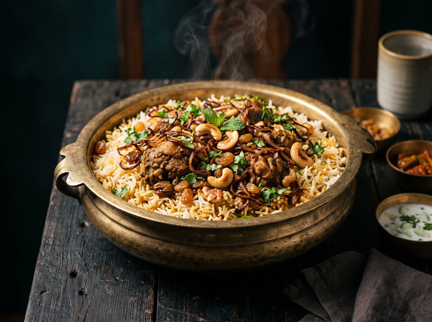 Thalassery chicken biryani in a brass uruli